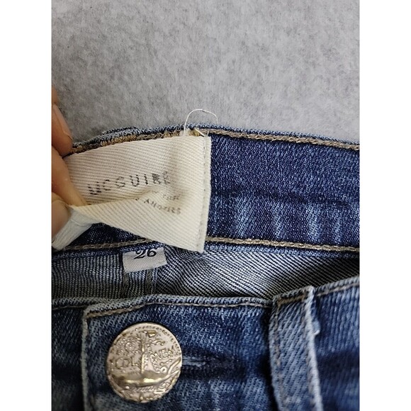 McGuire Jeans Womens 26 25x29  Flare Stretch Dark Blue Low Rise Raw Hem Fray USA - Picture 10 of 14